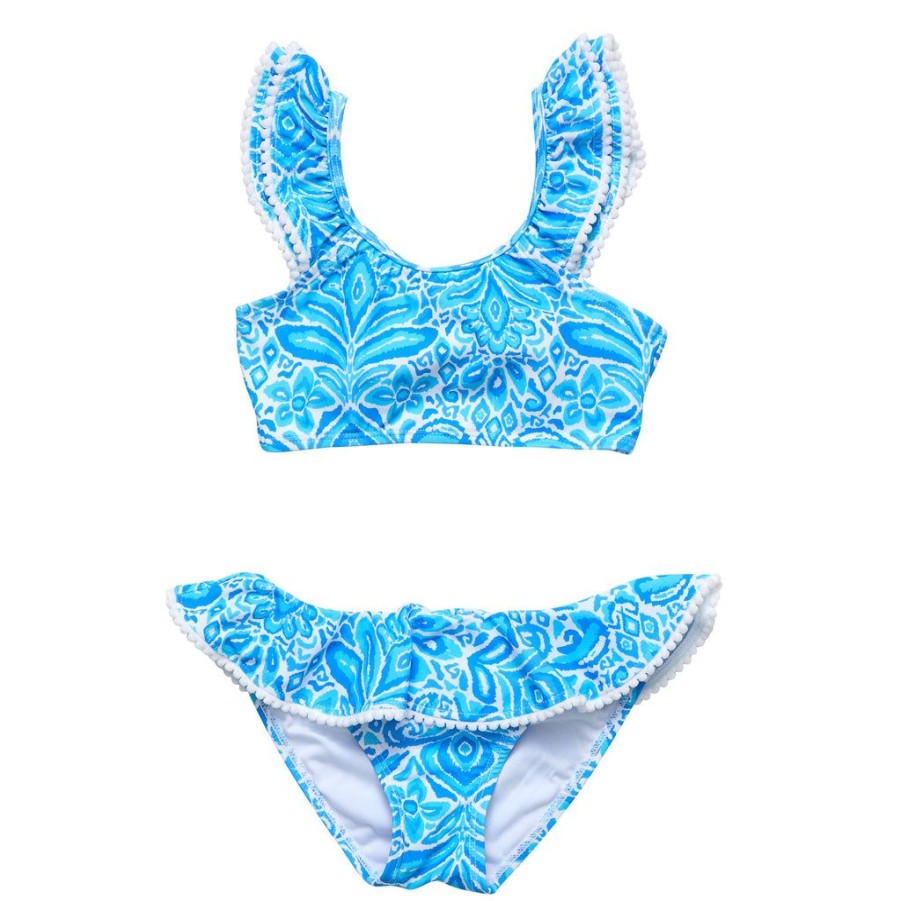 Girls Snapper Rock Bikinis | Santorini Blue Frill Crop Bikini