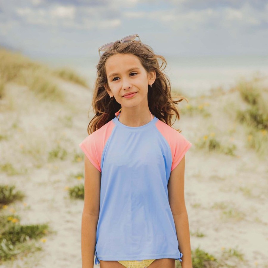 Girls Snapper Rock Rash Tops | Cornflower Peach Sleeve Ss Rash Top