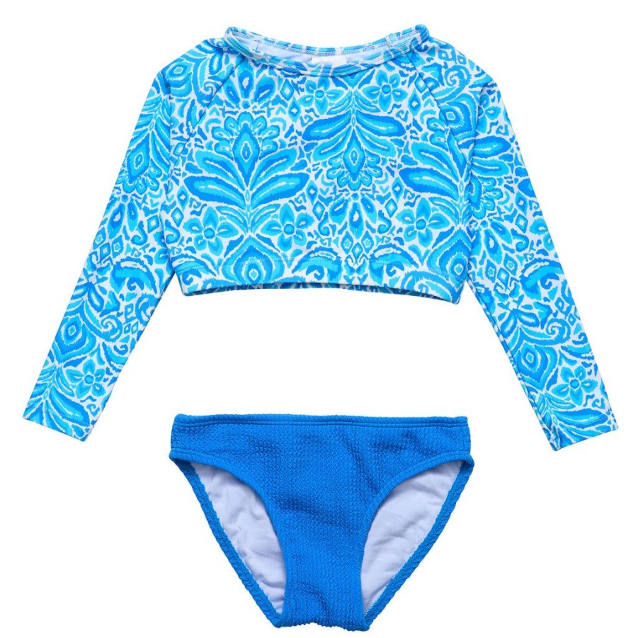 Girls Snapper Rock Rash Tops | Santorini Blue Crop Ls Rash Set