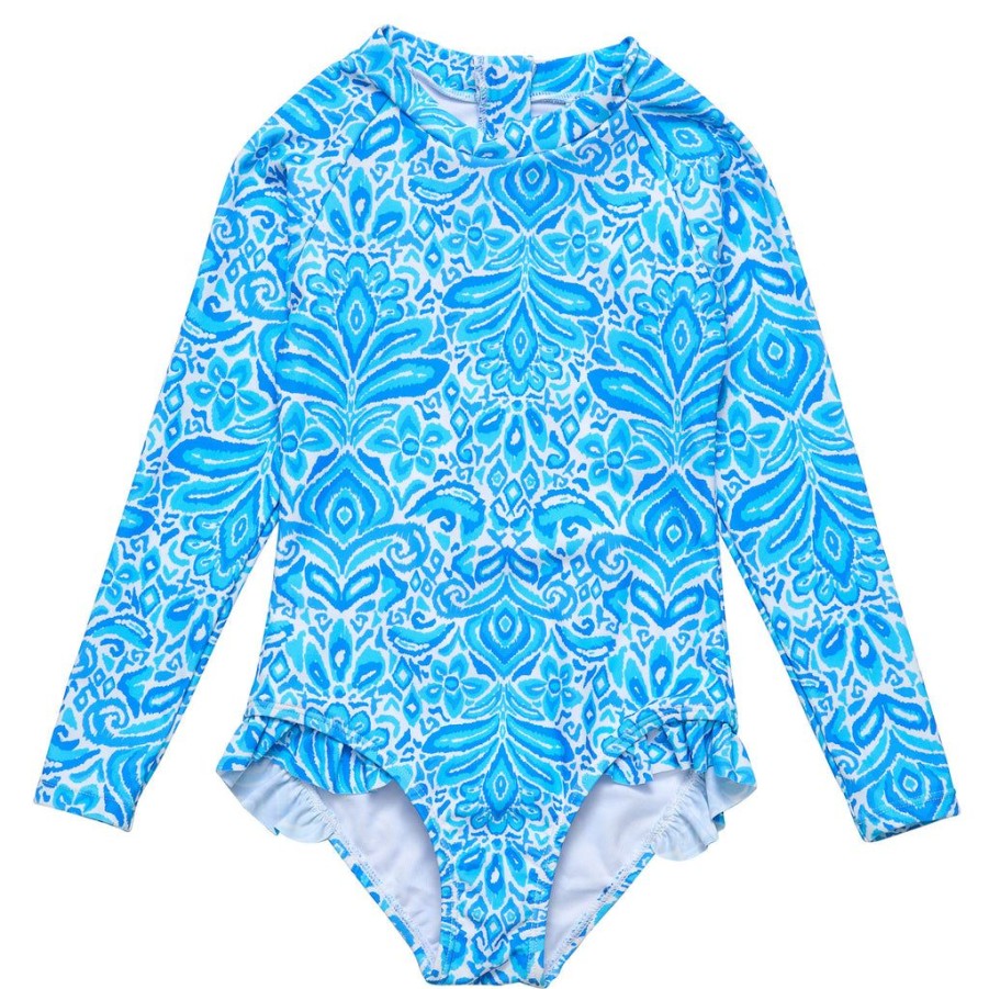 Girls Snapper Rock One Pieces | Santorini Blue Ls Surf Suit