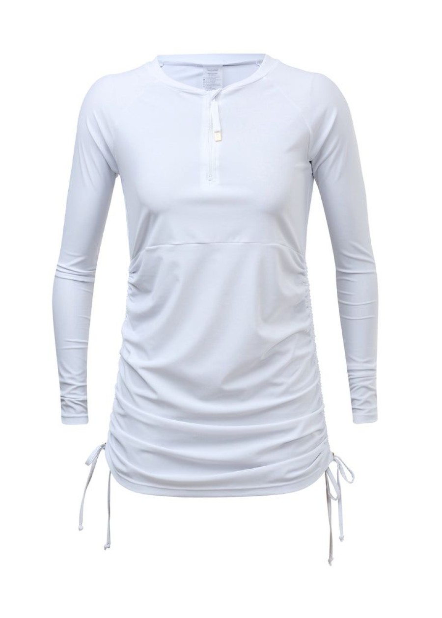 Womens Snapper Rock | Ladies White Ruched Ls Swim Dress