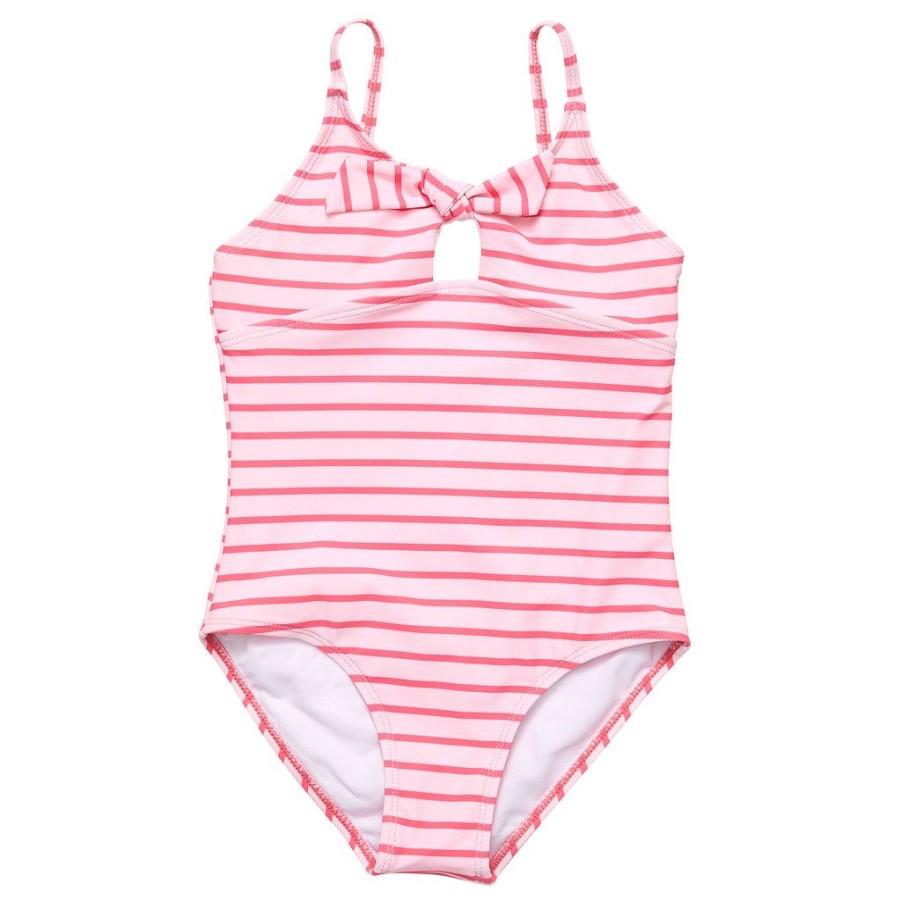 Girls Snapper Rock One Pieces | Coral Stripe Sustainable Bow Swimsuit