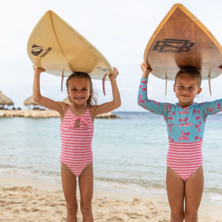 Girls Snapper Rock One Pieces | Coral Stripe Sustainable Bow Swimsuit