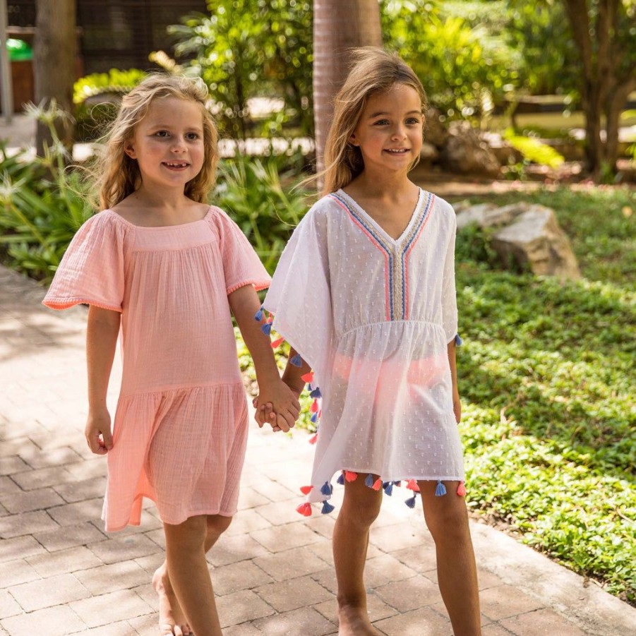 Girls Snapper Rock Cover Ups, Dresses & Beachwear | Peach Flutter Sleeve Beach Dress