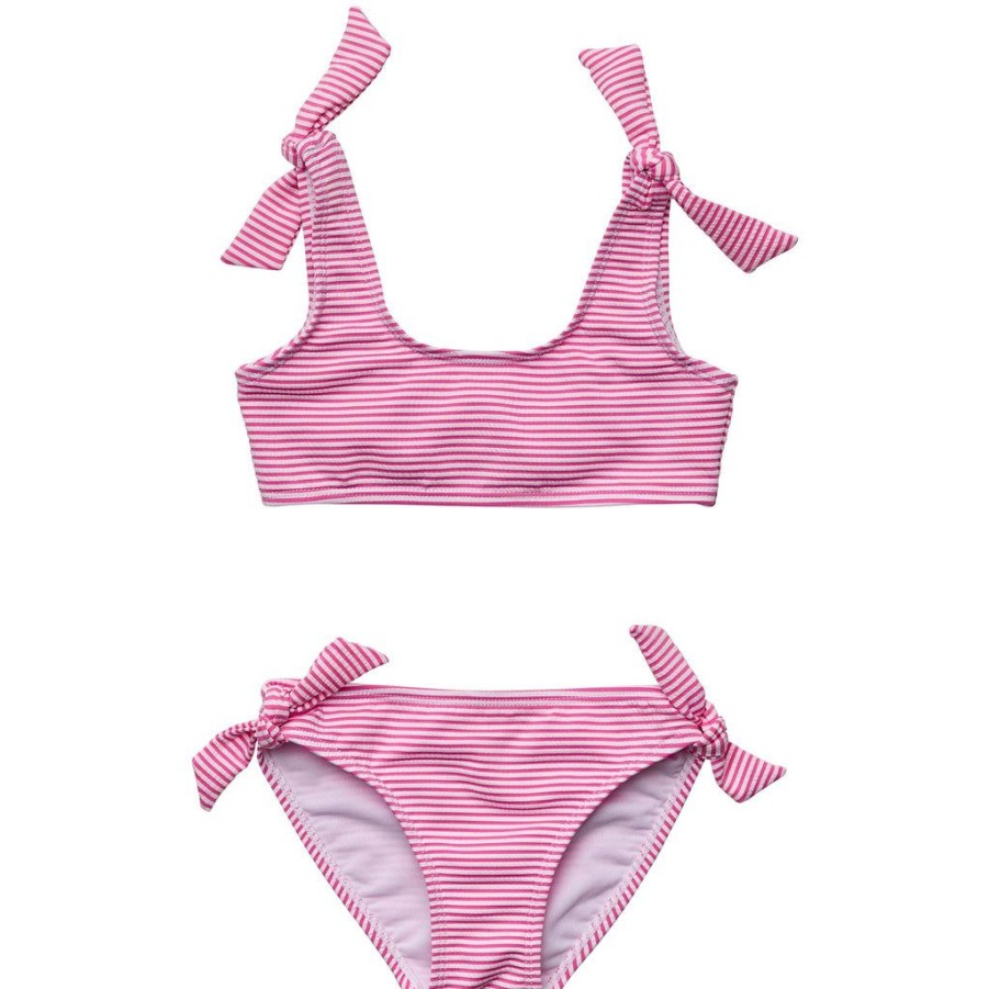 Girls Snapper Rock Bikinis | Raspberry Stripe Tie Crop Bikini