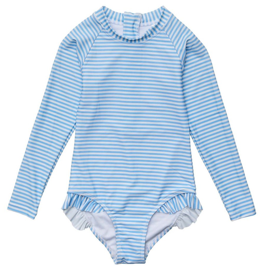 Girls Snapper Rock One Pieces | Cornflower Stripe Sustainable Ls Surf Suit